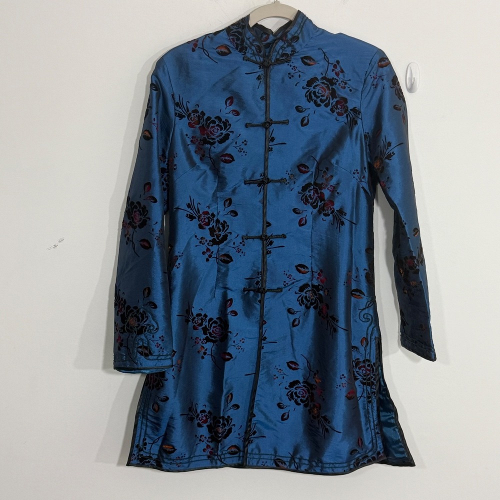 Shanghai Soho Womens Asian Jacket Large Blue Silk Blend Floral Madarin Artsy